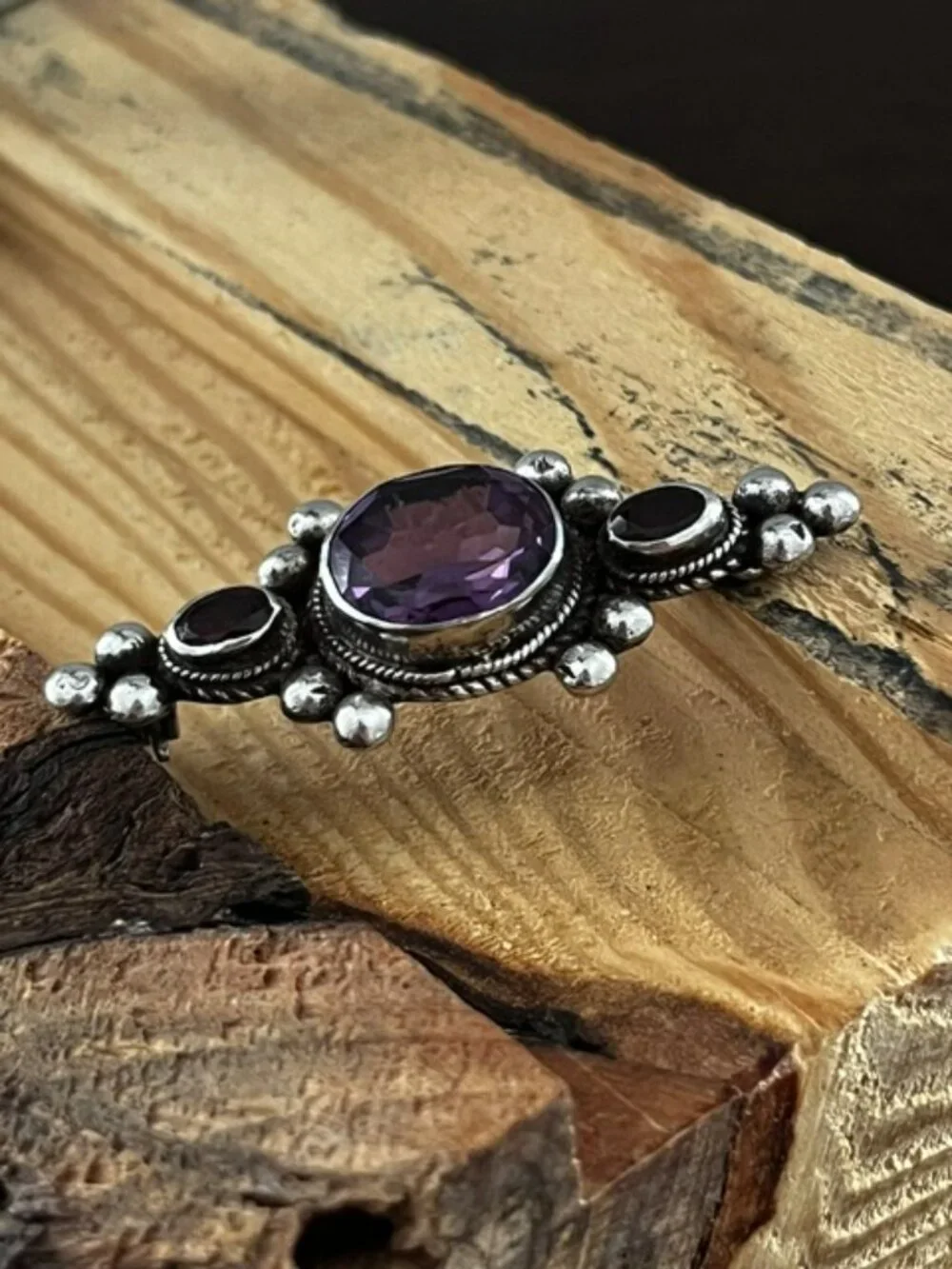Vintage Sterling Silver Garnet Alexandrite Brooch Pin